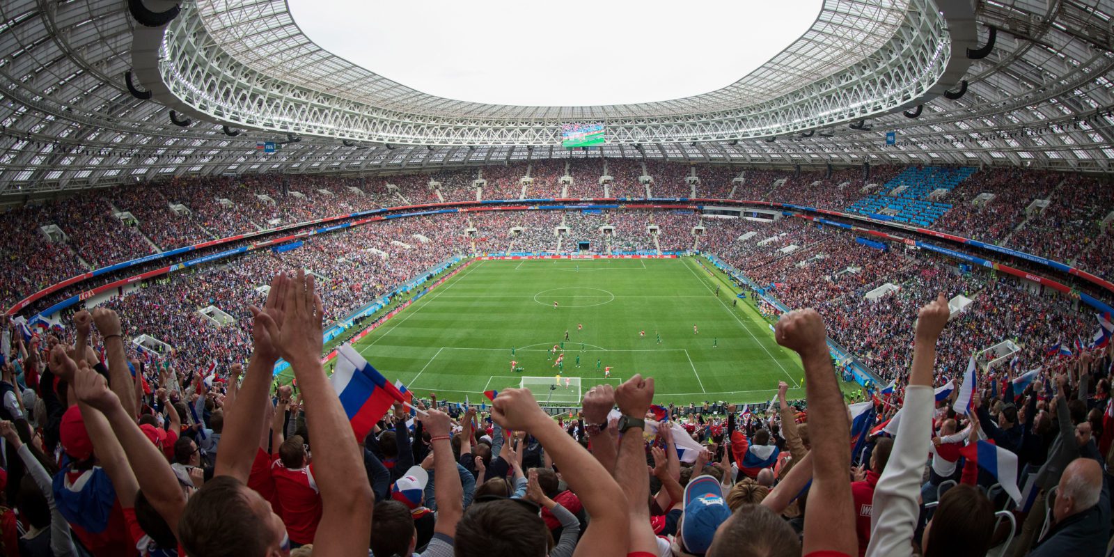 Fans cheering at Luzhniki Stadium during the game between Russia and Saudi Arabia during the world cup 2018