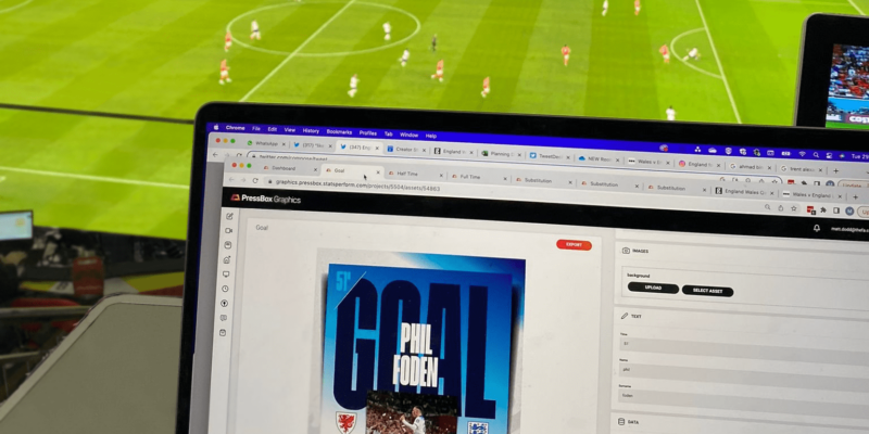 Live usage of Pressbox Graphics during a football match Phil Foden scored